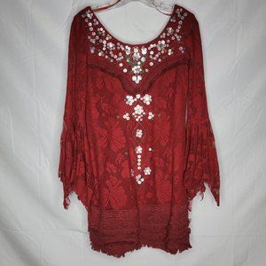 NWOT Free People Shell Game Dress, Sequin and Red lace with Bell Sleeves, Sz 6